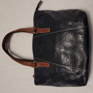 Fossil leather top handle tote bag. Black leather embossed / tooled with flowers
